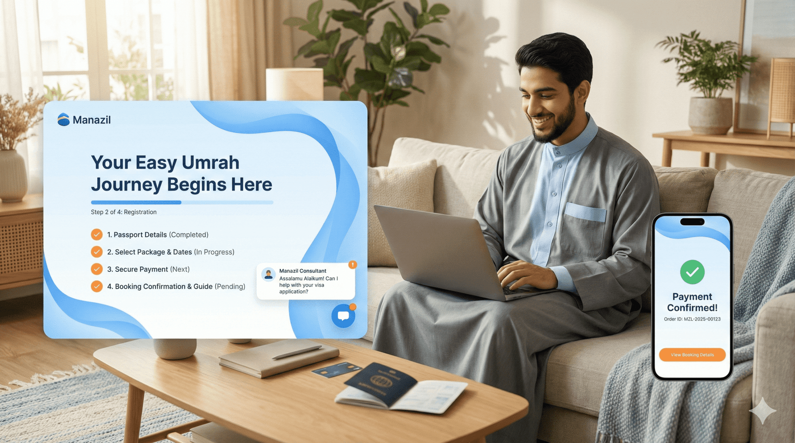 Pria Muslim duduk sambil memegang laptop dengan tampilan dashboard pendaftaran umroh Manazil Tour, lengkap dengan checklist syarat umroh 2025 dan notifikasi pembayaran di smartphone.