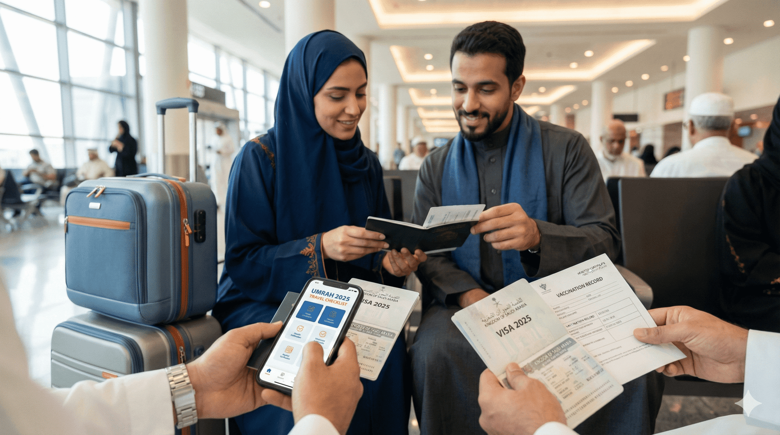 Pria Muslim duduk sambil memegang laptop dengan tampilan dashboard pendaftaran umroh Manazil Tour, lengkap dengan checklist syarat umroh 2025 dan notifikasi pembayaran di smartphone.