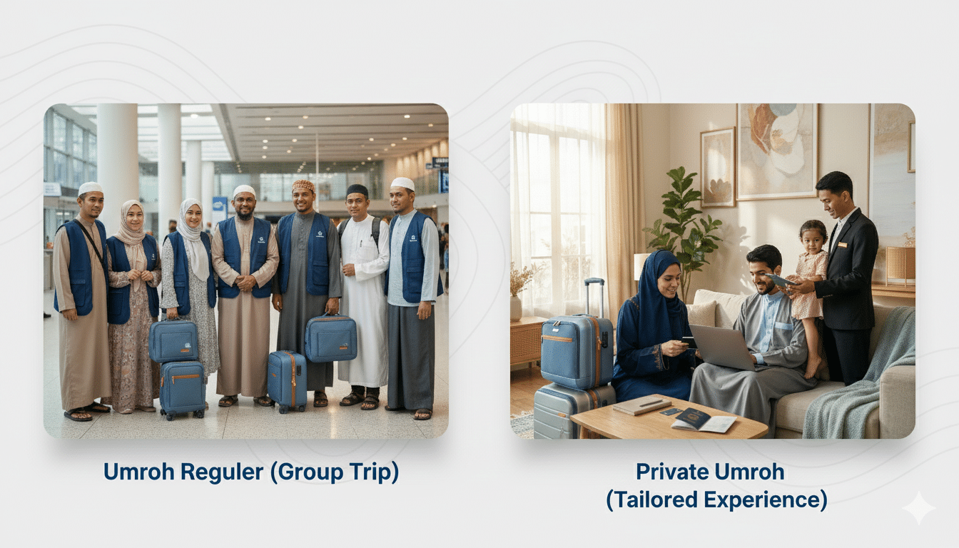 Perbandingan visual antara rombongan jamaah umroh reguler dan keluarga yang mengikuti paket umroh private di hotel, ditampilkan dalam dua kartu desain Manazil Tour.